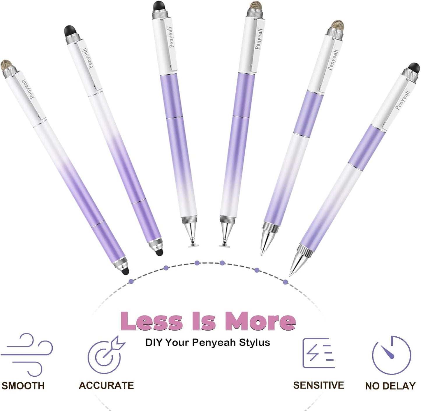 Penyeah Stylus Pen for iPad/iPhone/Android (4 in 1),Universal Touch Screen Disc Tip/Mesh & Rubber Tip Stylist Pen for All Capacitive Phones/Tablets/Laptops-Dream Purple