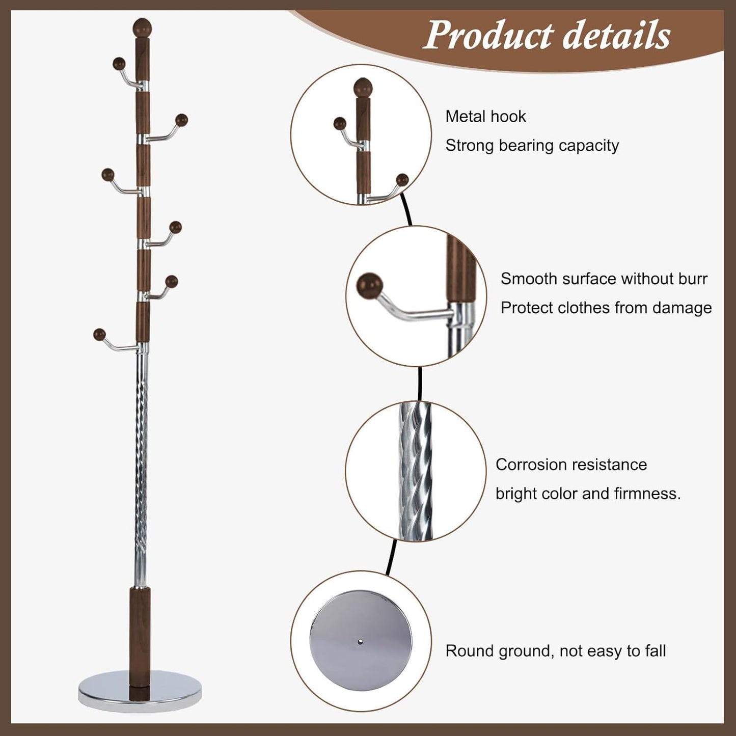 Wooden Coat Rack Freestanding, Vintage Coat Racks with Sturdy Round Base, Adjustable Height 37.40"-72.83" Entrance Coat Rack for Bedroom Living Room Entryway (Walnut Metal Hook)