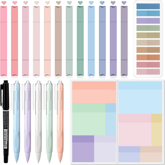 Jutom 38 Pcs Book Annotation Kit Aesthetic Highlighters Gel Pens Set Sticky Notes Tabs Markers Dual Ended Highlighter Quick Dry Ink Pens for Office Annotating Books(Light Color,Square)