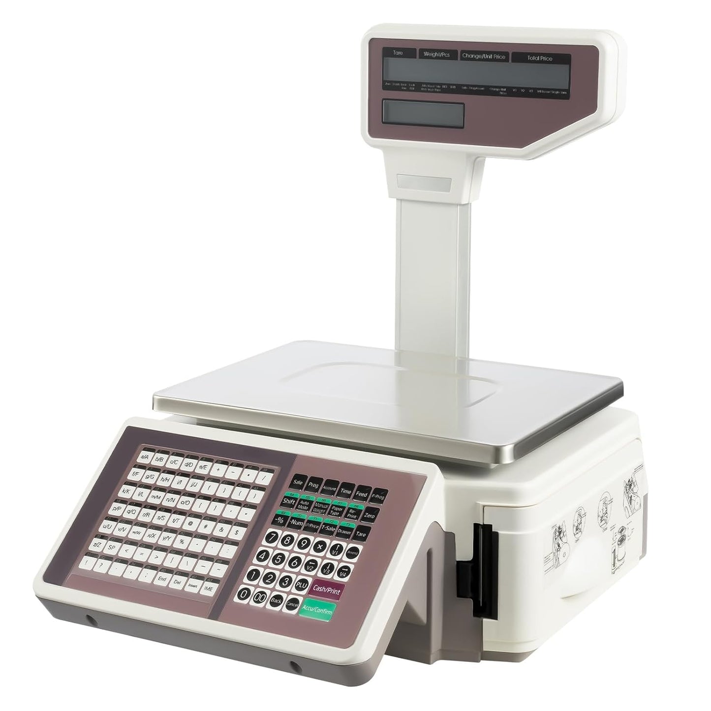 30kg/66lb Commercial Label Printing Scale - Barcode & Receipt Printer, Dual-Screen LCD, 63 Shortcut Keys, USB/App Connectivity for Supermarket, Retail, Grocery Store POS System