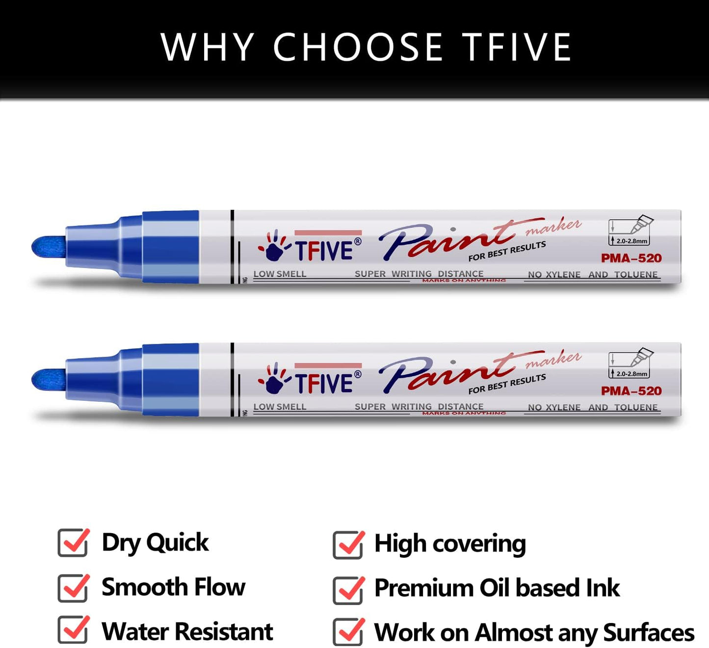 TFIVE Blue Permanent Paint Marker Pens - 2 Count Oil Based Marker Pen, Medium Tip, Waterproof & Quick Dry, for Office, Art projects, Rock Painting, Ceramic, Glass, Wood, Plastic, Metal, Canvas