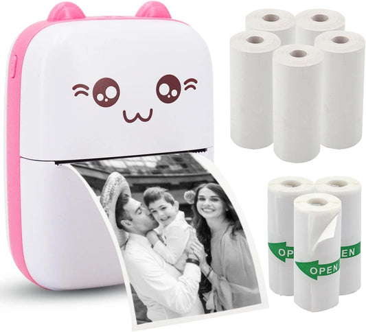 Mini Pocket Printer, Portable Thermal Printer with 8 Rolls Printing Paper, Bluetooth Wireless Tiny Printer for Photos/Stickers/Labels/Notes/Receipts, Compatible with iOS and Android, Pink