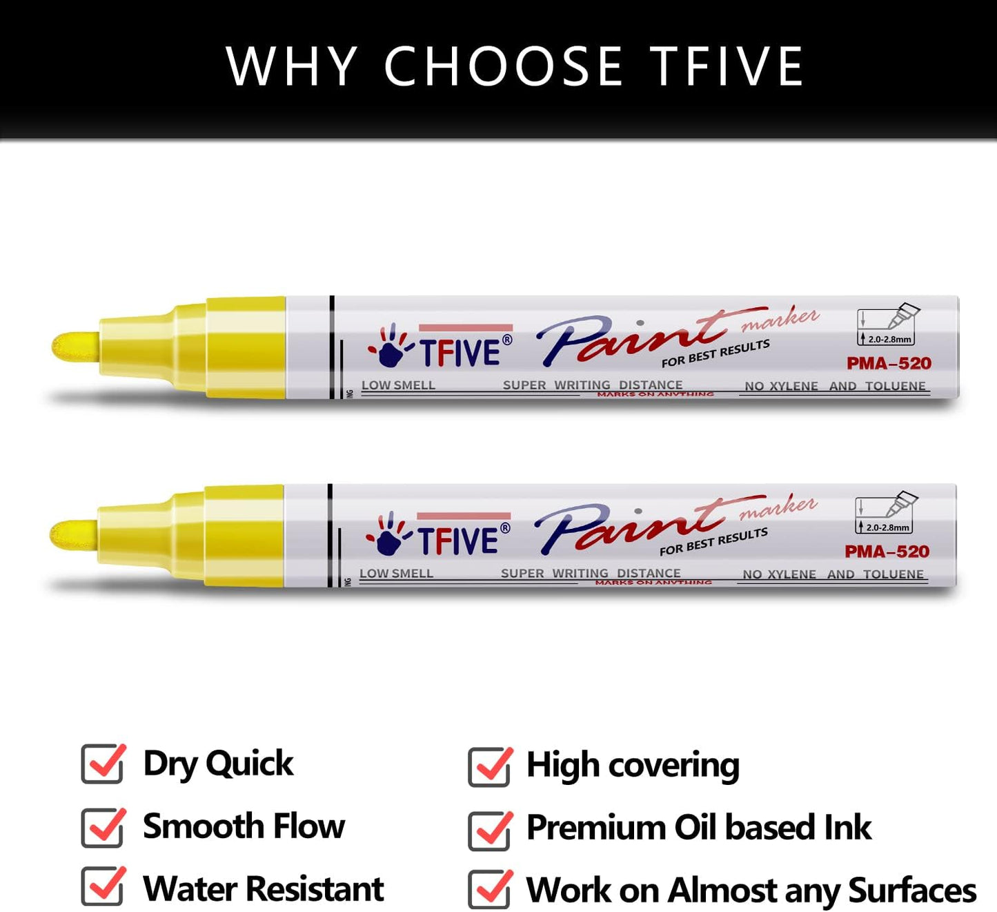 TFIVE Yellow Permanent Paint Marker Pens - 2 Count Oil Based Marker Pen, Medium Tip, Waterproof & Quick Dry, for Office, Art projects, Rock Painting, Ceramic, Glass, Wood, Plastic, Metal, Canvas
