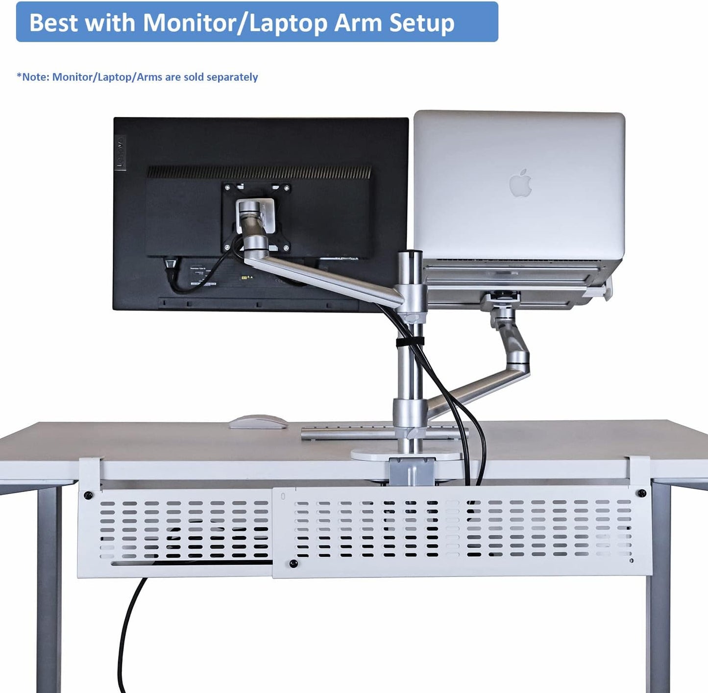 AEONS Under Desk Cable Management Tray Kit - Horizontal Adjustable up tp 41” Desk Organizer Removable C Clamp Mount Reversiable Computer Cord Raceway and Modesty Panel for Large Desk, White/Beige