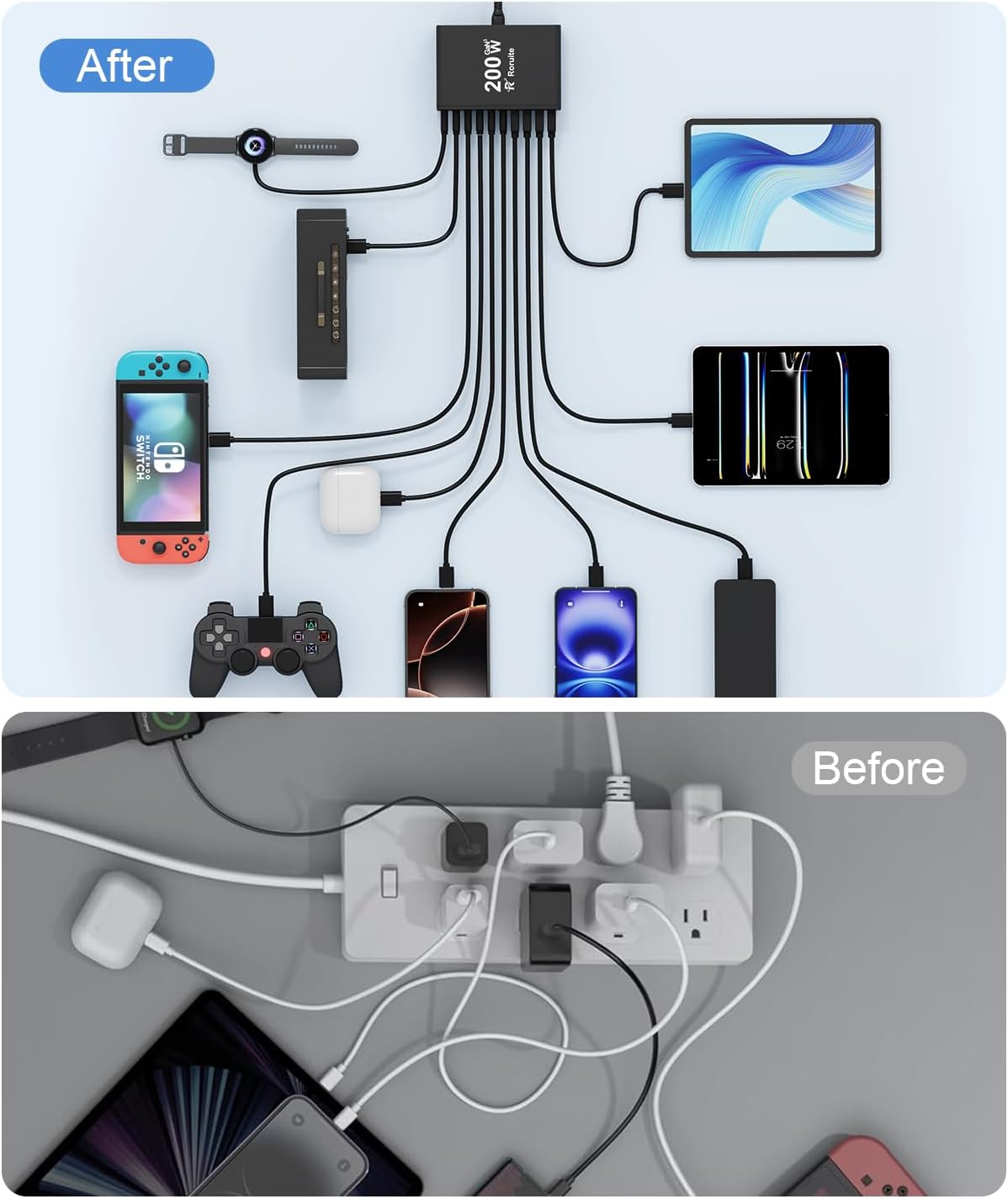 USB C Charging Station 10 Port with 4 USB Cables, 200W GaN Type C Charger Block, Wall Charger Power Strip Adapter Plug for iPad iPhone16 15 14 13 12 Pro Max Pixel Note Galaxy
