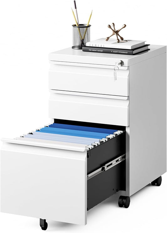 MIIIKO White Filing Cabinet 3 Drawers on Wheels Under Desk, Metal Rolling File Cabinet with Lock for Home Office, Small Mobile File Cabinet for Letter Legal File Folders, Un-Assembled
