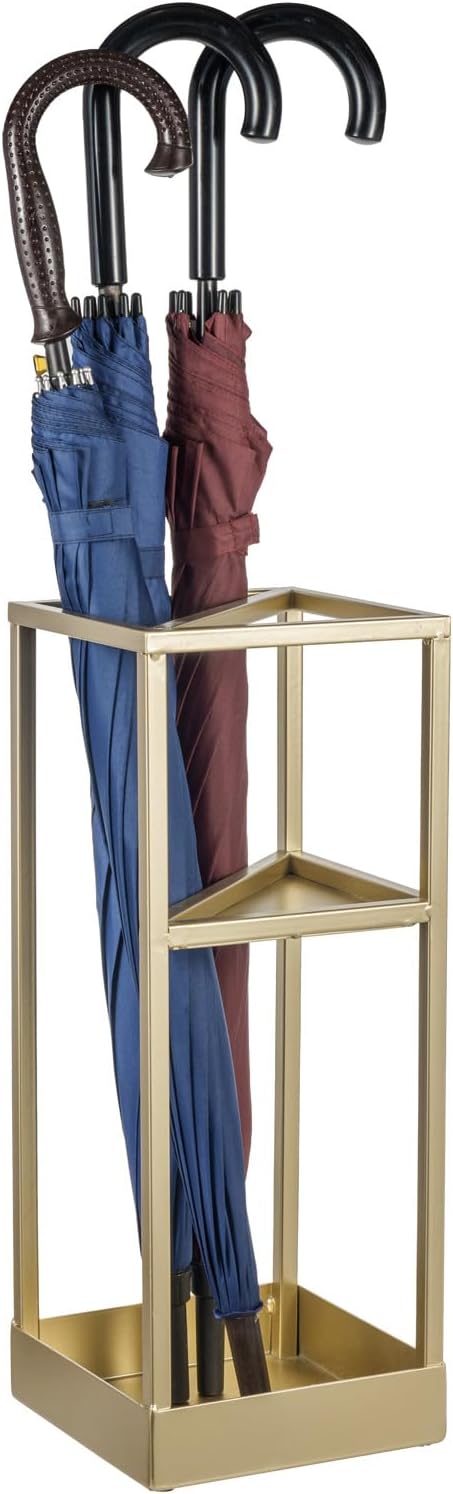 MyGift 20 Inch Tall Modern Brass Tone Metal Geometric Freestanding Entryway Umbrella Rack or Cane Holder with Shelf for Small Umbrellas and Bottom Drip Tray