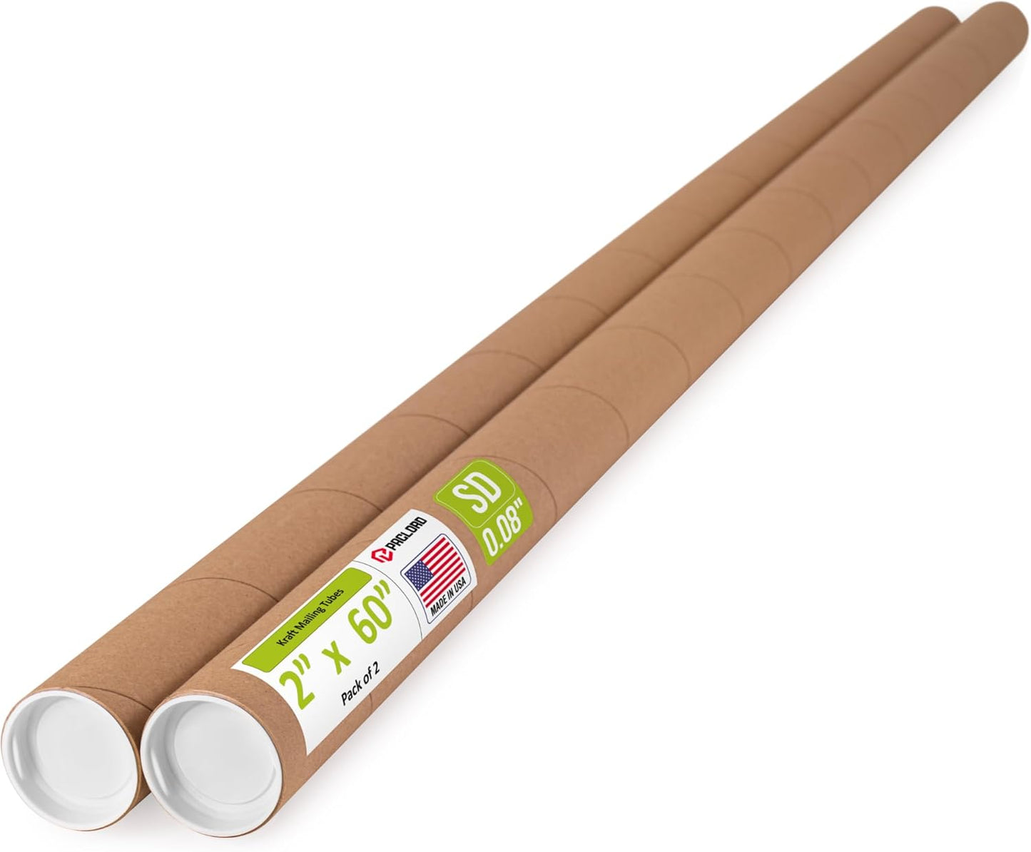 2" x 60" Reinforced Kraft Paper Mailing Tube, Pack of 2 Tubes with 4 Caps – Secure USPS Approved Poster Tube – Cardboard Tube for Shipping and Storing Posters, Prints, Artwork, or Documents