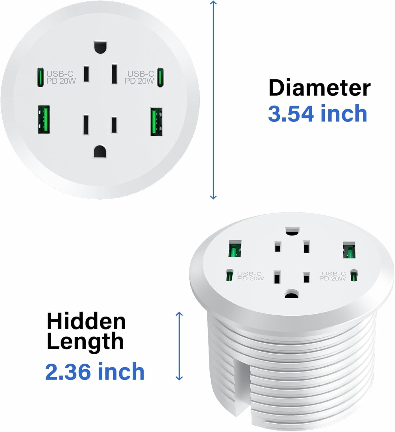 3 inch Desktop Power Grommet USB C,40W Fast Charging Station,Furniture Recessed Power Strip,2 Outlets,4 USB Ports,Flush-Mount for Desktop, Workspace Essential Desk Outlet,2 Pack