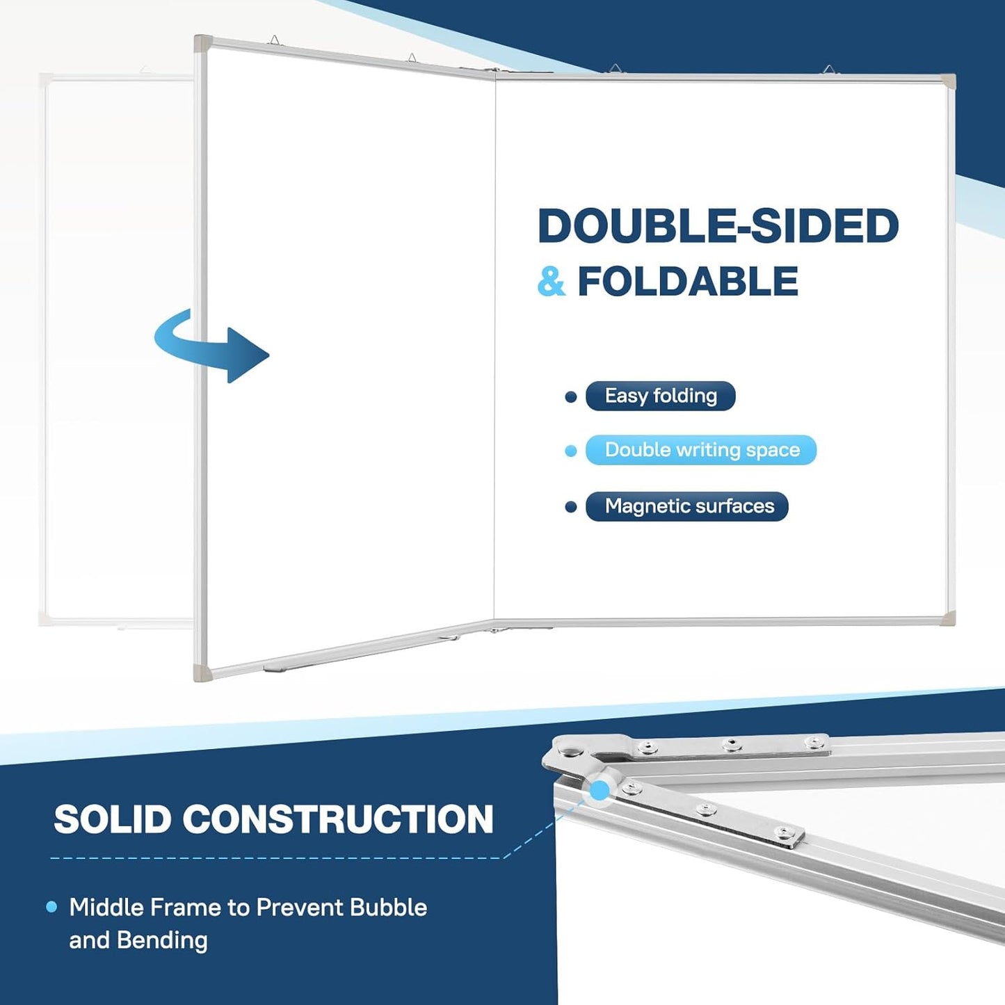 WALGLASS Large White Board Dry Erase Board, 72" x 40" Double-Sided Foldable Dry Erase Board for Wall, Magnetic Whiteboard for Office, Home, School, Kitchen