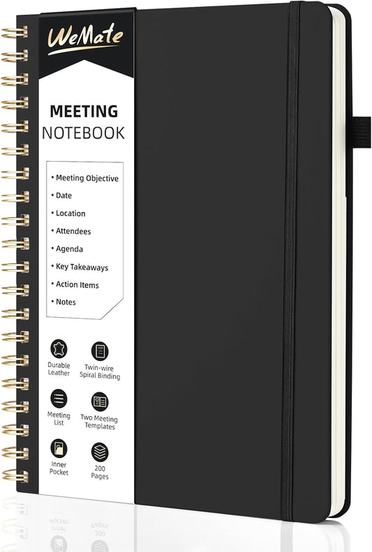 WEMATE Meeting Notebook for Work B5 (7"x10") - PU Leather Work Notebook with Agenda, Action Items & Notes - 200 Pages for Men&Women, Staff and Students, Meeting, Projects Planning - Black