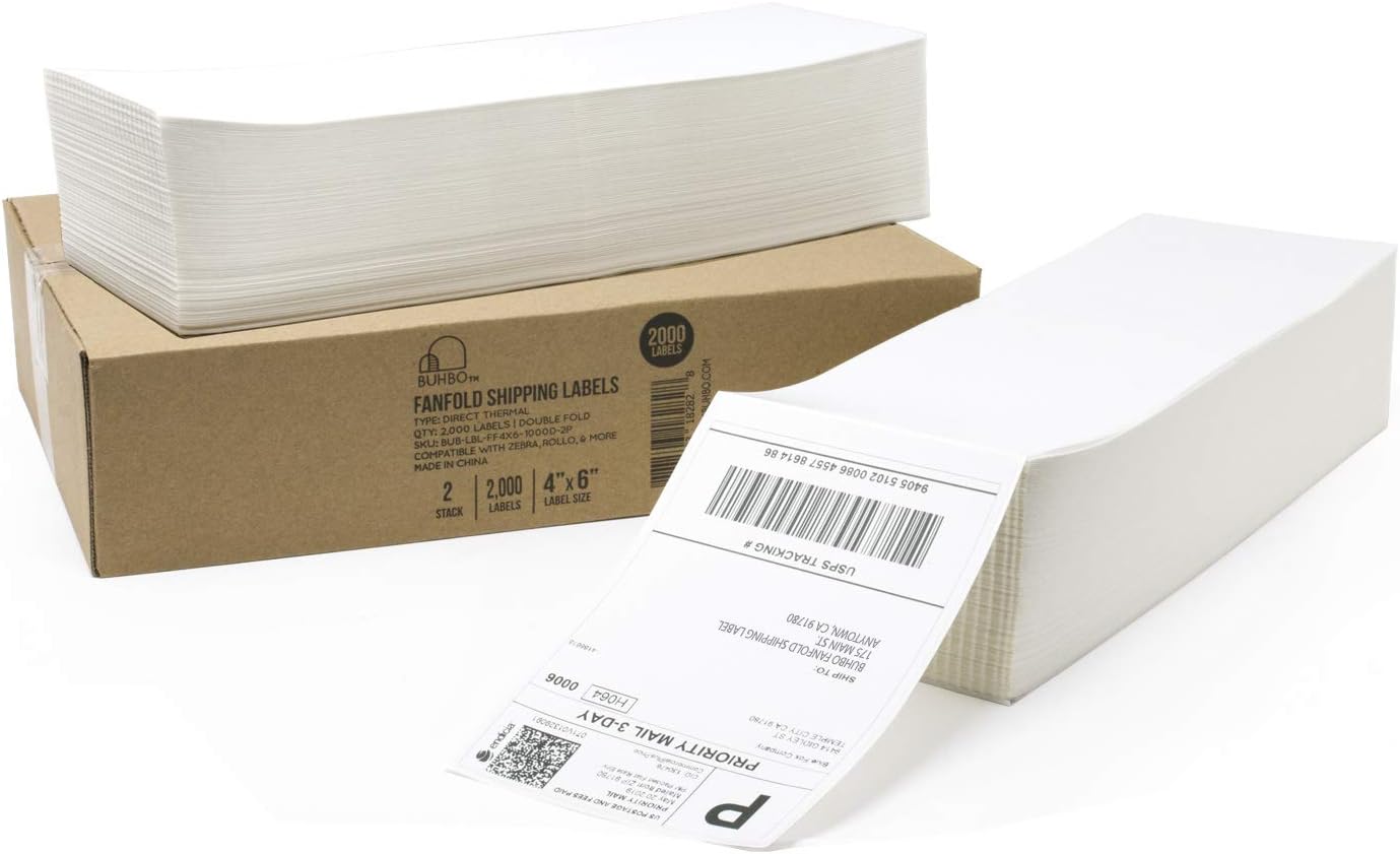 Buhbo 4" x 6" Direct Thermal Labels - Perforated BPA Free - Compatible with Zebra & Rollo Printer - Commercial Grade Shipping (2000 Fanfold Labels - 2 Stacks of 1000)