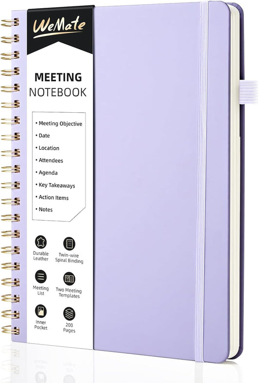 WEMATE Meeting Notebook for Work B5 (7"x10") - PU Leather Work Notebook with Agenda, Action Items & Notes - 200 Pages for Men&Women, Staff and Students, Meeting, Projects Planning - Light Purple