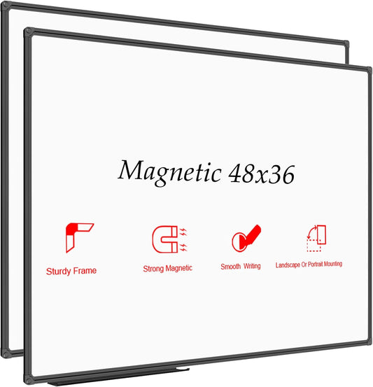 JILoffice Magnetic Whiteboard/White Board, Dry Erase Board 48 x 36 Inch, 2 Pack, Black Aluminum Frame Wall Mounted Board for Office Home and School