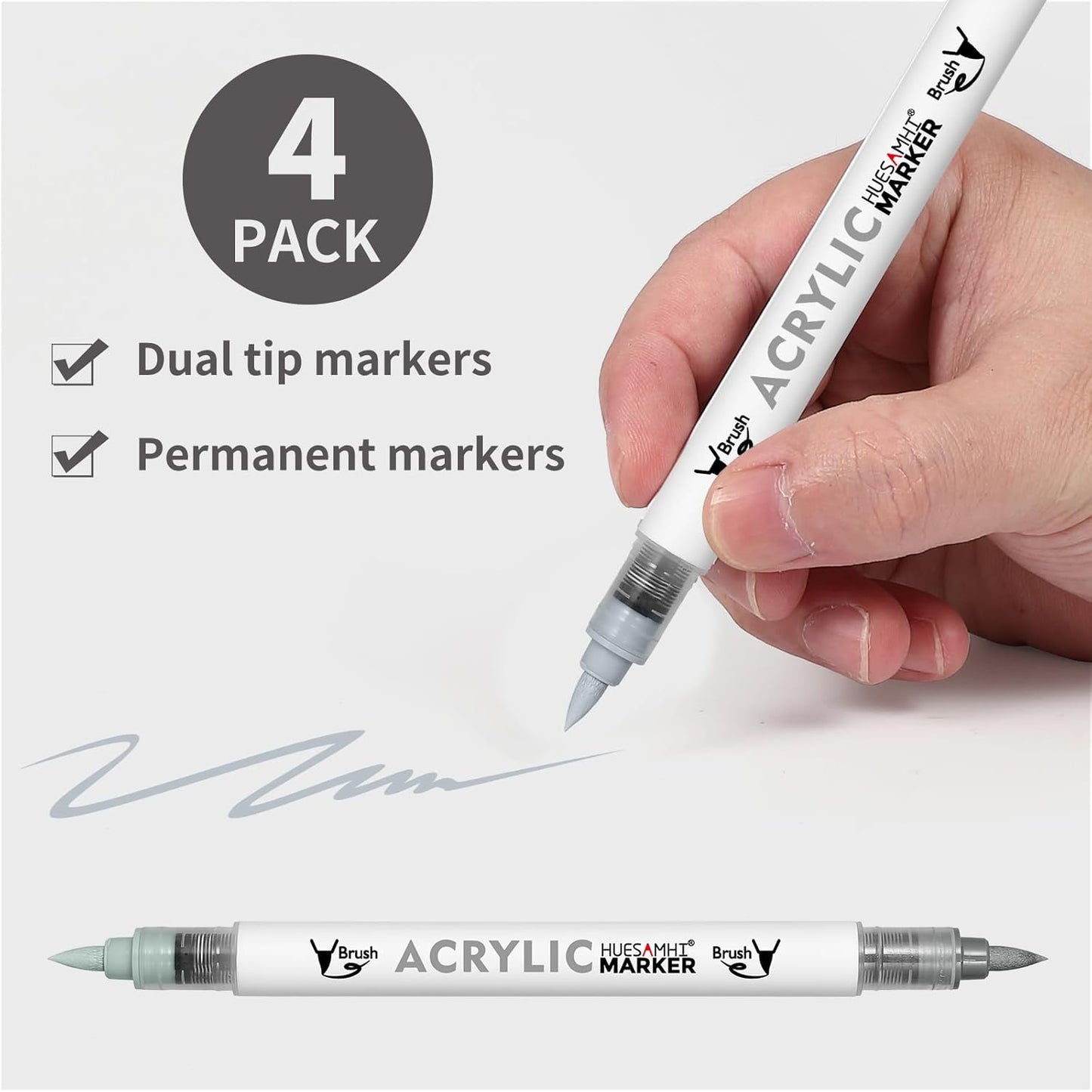 Dual Tip Brush Markers, 4 Pack Double Ended Acrylic Paint Pens - Permanent Water-Based for Rock Painting, Wood, Metal, Ceramic, Glass, Crafts & Kids Art Assorted Colors