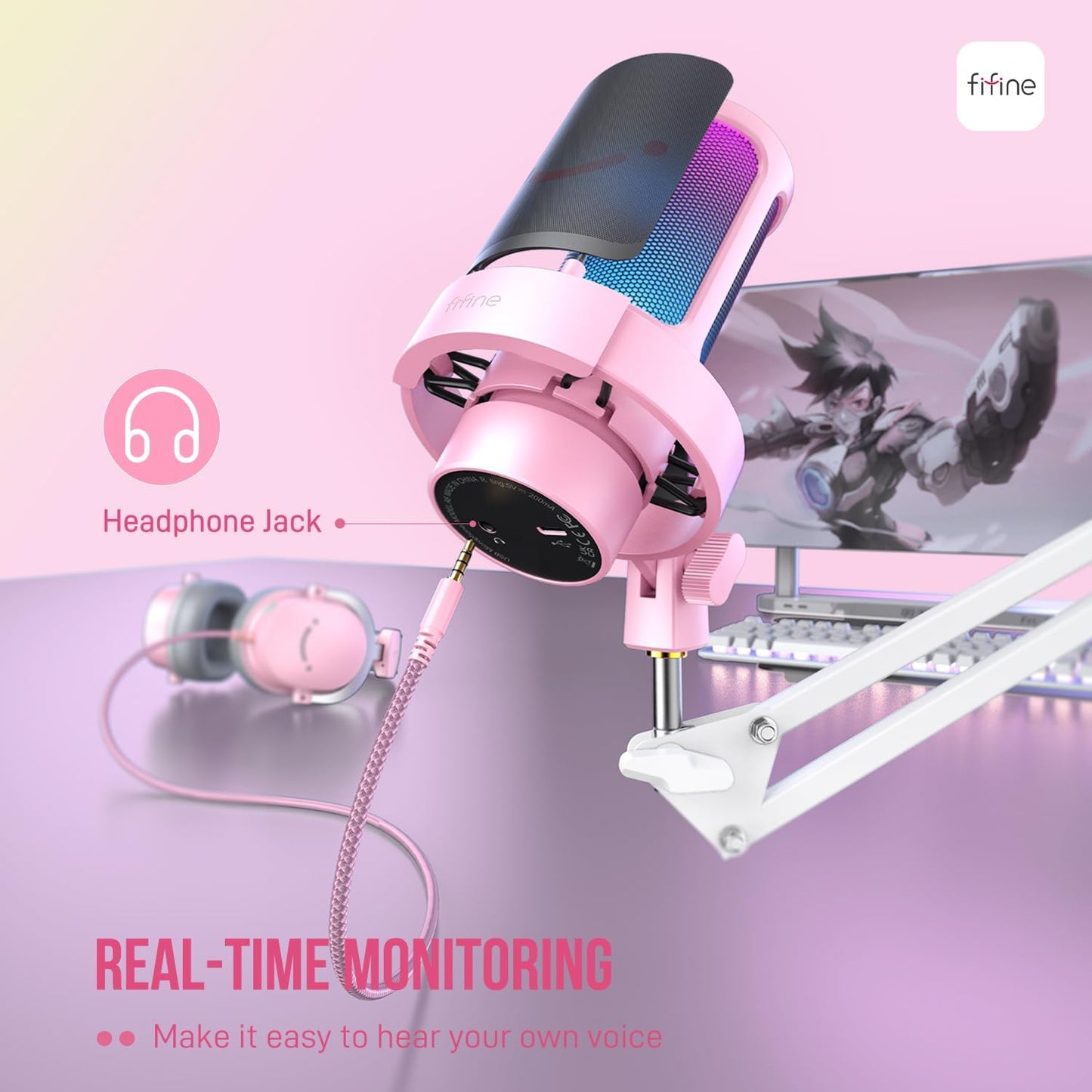 FIFINE USB Streaming Microphone with Boom Arm, Gaming Mic Kit for PC PS4/PS5, Podcast Microphone for Podcast with RGB Control, Mute Button, Gain Knob, Headphones Jack, Pop Filter-A8T Pink