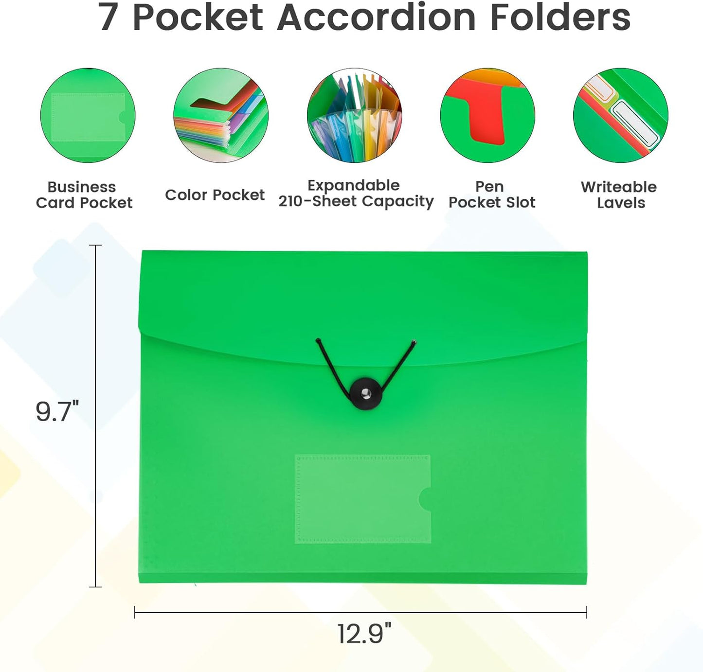 Accordion File Organizer, 7 Pockets Expanding File Folder with Labels, A4/Letter Size Portable Folders for Documents, Paper Organizer for School Office Supplies, Green