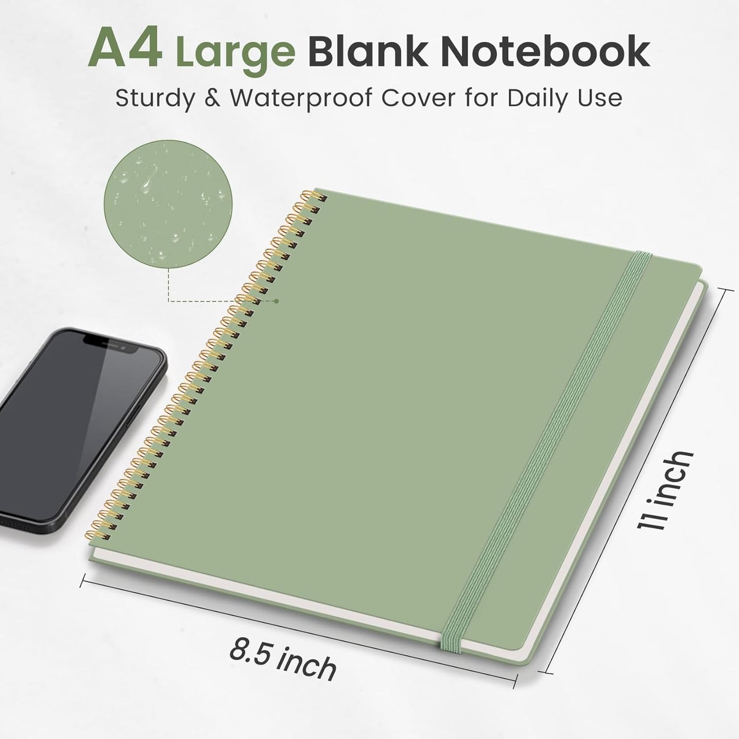 Taja Spiral Blank Notebook, 8.5"x11" Notebooks for Work, Large A4 Journal for Women & Men, Sketch Journal, Journaling Notebook for Writing, Plastic Cover Spiral Journal, Green