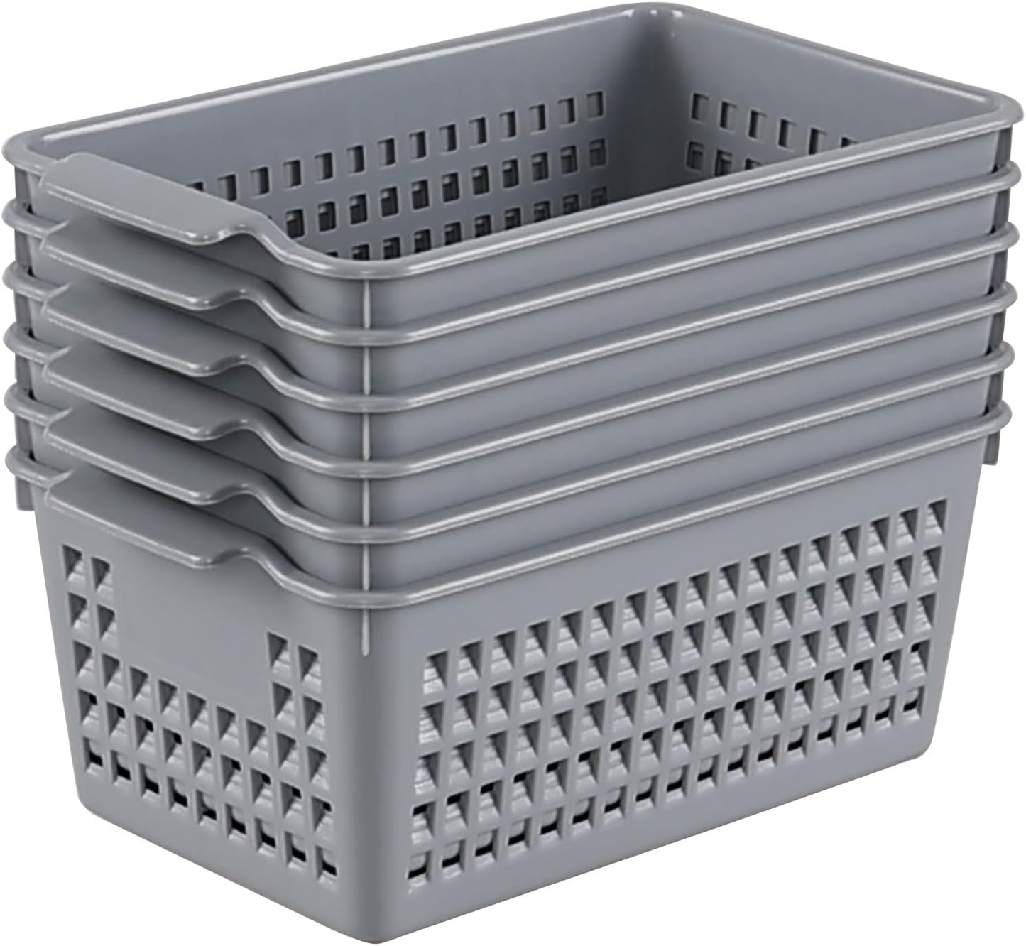 Plastic Storage Baskets, 6 Packs Shelf Kitchen Pantry Organizer Bins, Grey