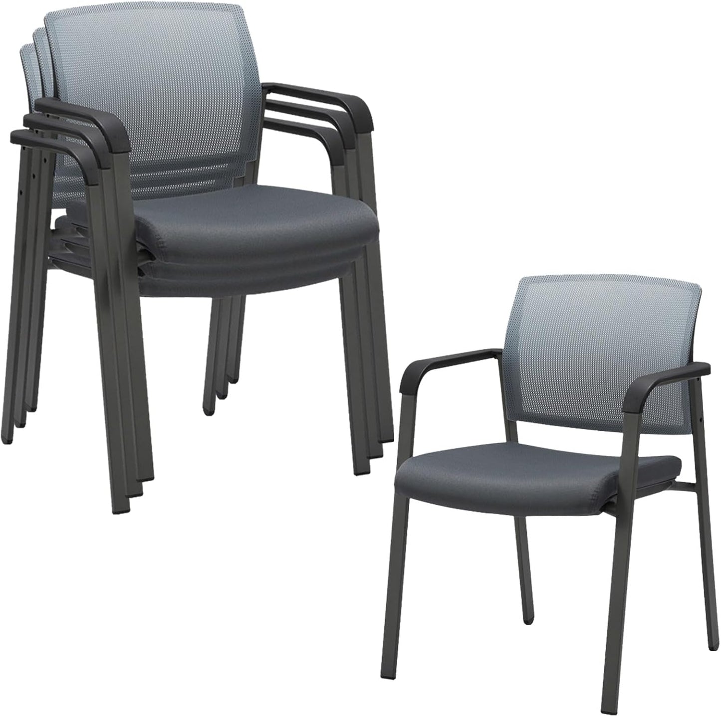 CLATINA Mesh Back Stacking Arm Chairs with Upholstered Fabric Seat and Ergonomic Lumber Support for Office School Church Guest Reception Grey (Gray-4 Pack)