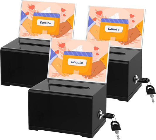Clear Donation Box with Lock & Sign Holder, Versatile for Fundraising, Ballot Voting, Suggestions, and Tips Jar, Secure Storage Design, Size 6.2x4.6x4.0 Inch, Black 3 Pack