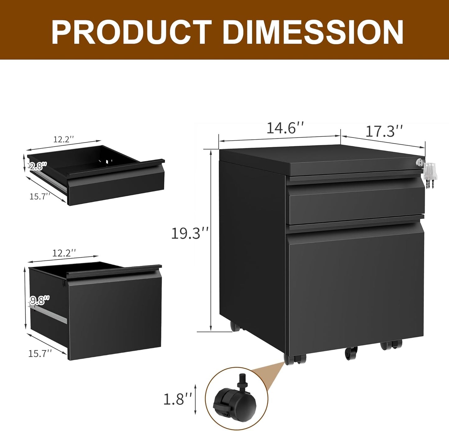 Metal Mobile File Cabinet with Lock and 4 Keys - Fully Assembled, Under Office Desk 2 Drawers Filing Cabinet for Home Office with Anti-tilt Wheels, A4/Legal/Letter Hanging File Drawers