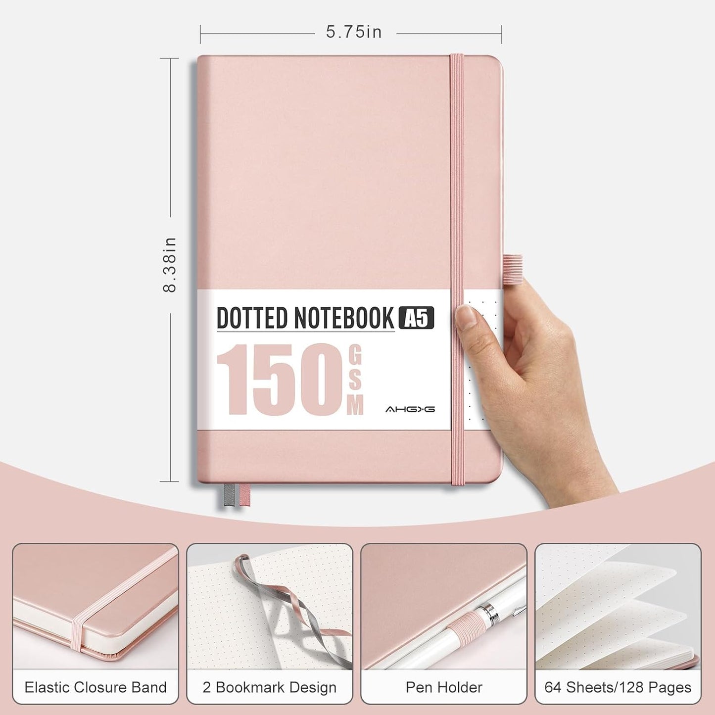 AHGXG Bullet Dotted Journal - 150 GSM Dot Grid Notebook Journal, Thick Acid-Free Paper, A5 Dotted Notebook 128 Pages, Leather Hardcover, Inner Pocket, Journal Stencil, 5.7'' × 8.3'' - Rose Gold