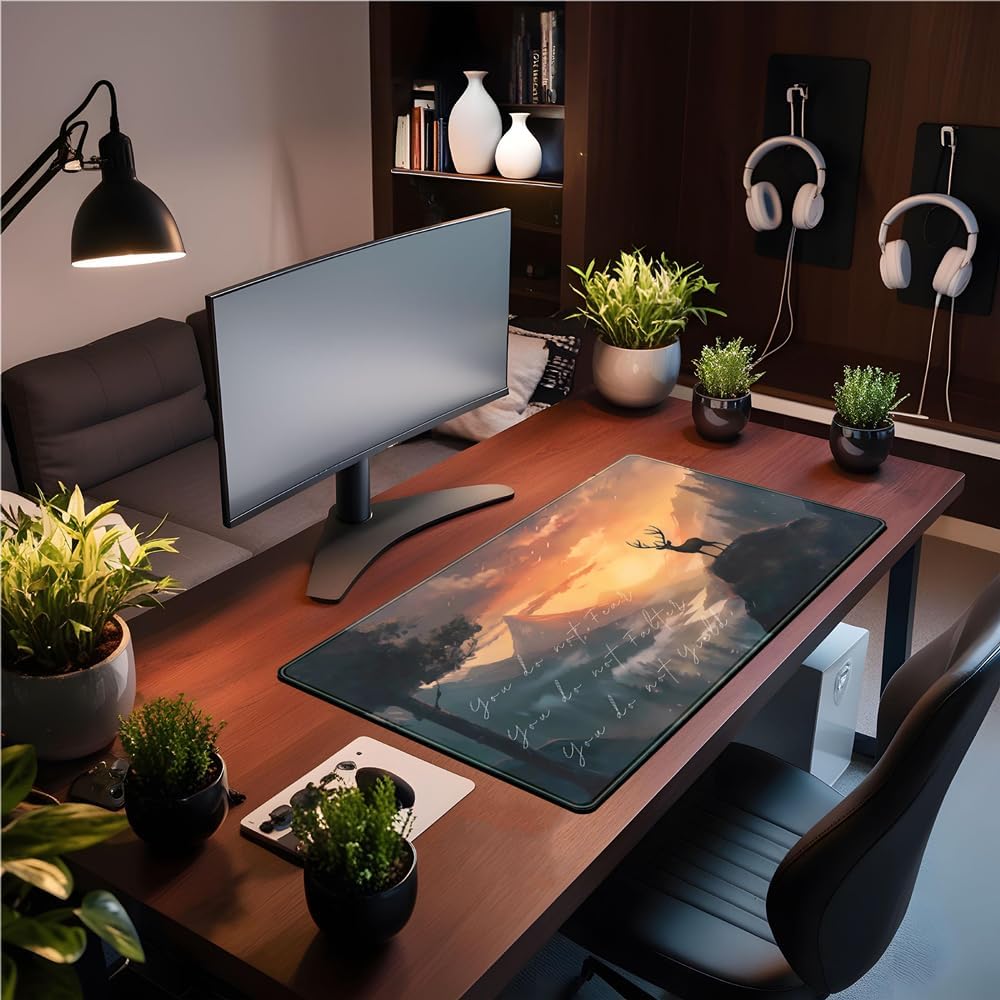 Misty Forest Desk Pad Mat Anime Mouse Pad Gaming Playmat, Large Mouse Pad Deer Desk Mouse Laptop Keyboard Pad Computer Mats for Desktop Full Desk Mouse Pads Office Desk Game(31.5x15.8 in)