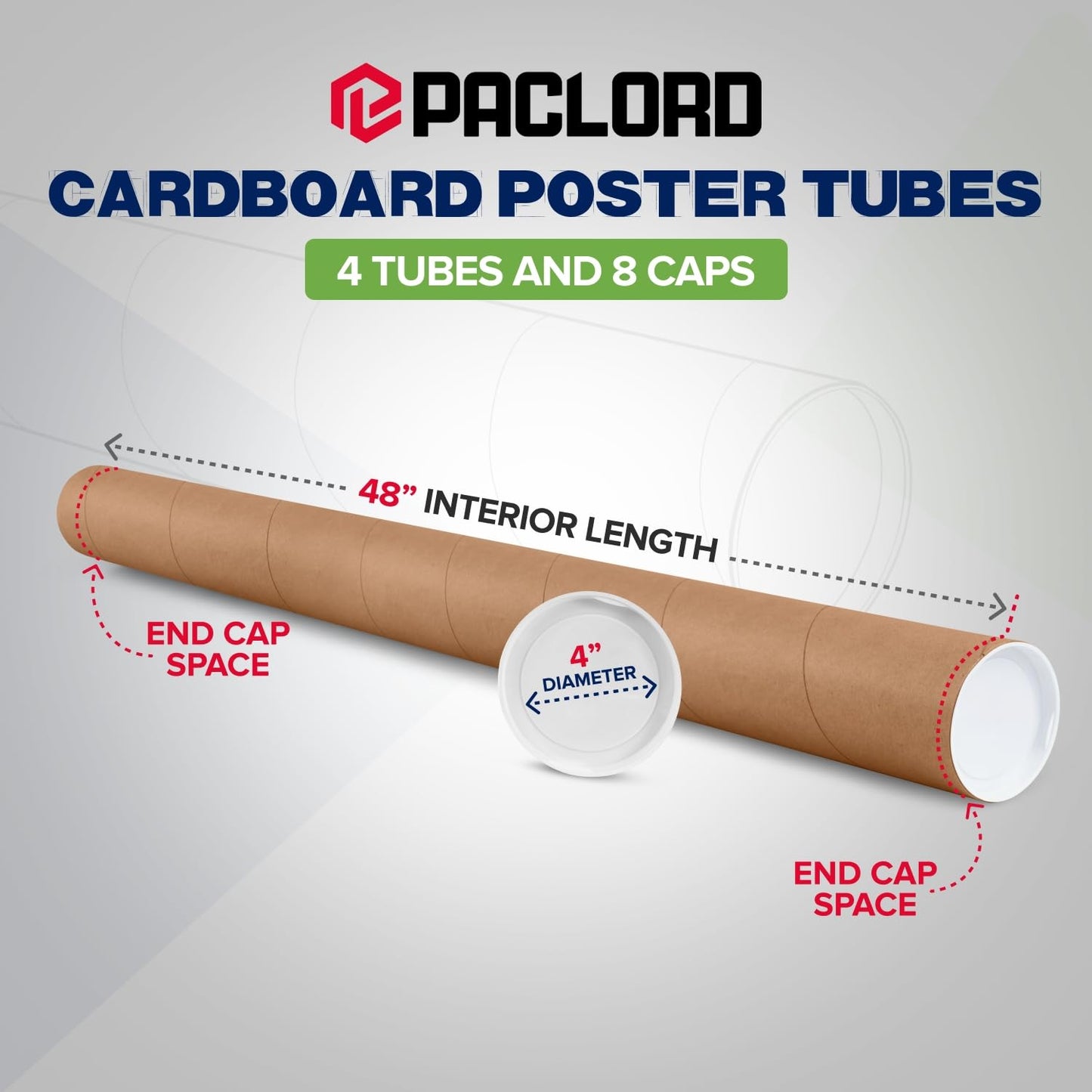 4" x 48" Reinforced Kraft Paper Mailing Tube, Pack of 4 Tubes with 2 Caps Each – USPS Approved Poster Tube – Made in USA Cardboard Tube for Shipping and Storing Posters, Prints, Artwork, or Documents