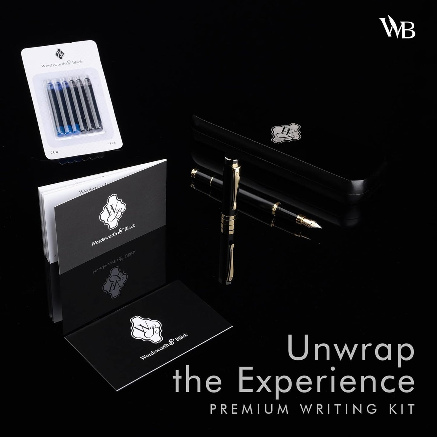 Wordsworth & Black Fountain Pen Set, Luxury Bamboo Wood - Medium Nib, Gift Case; Includes 6 Ink Cartridges, Ink Refill Converter -Journaling, Calligraphy, Drawing, Smooth Writing [Black Wood]