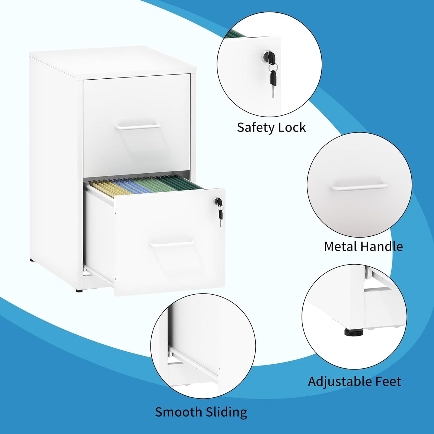 2 Drawer File Cabinet with Lock, Steel Vertical Filing Cabinets for Home Office, Small Metal Storage Cabinet for Hanging Letter Size File Folders, Assembly Required(White)