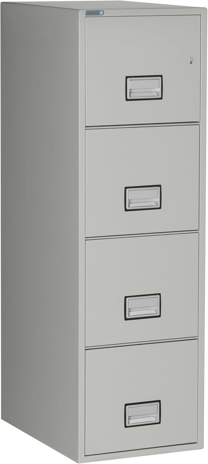 25 inch 4-Drawer Vertical Fireproof File Cabinet – Letter Size Filing – Key Lock – Water Resistant Seal – Fire and Impact Rated – Light Gray Finish – Model LTR4W25LG