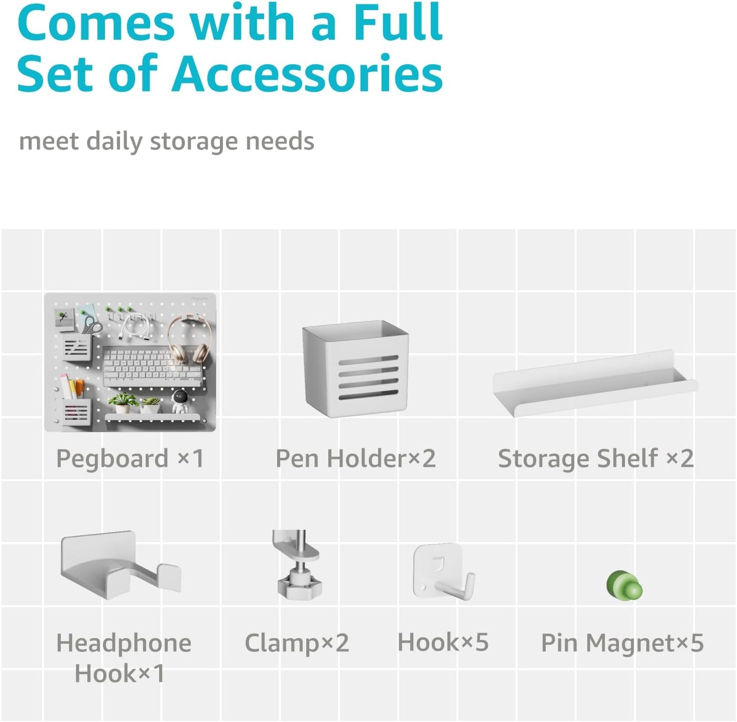 Clamp-on Desk Pegboard, Desk Organizer for Office Gaming Home, Magnetic Metal Peg Board with 15 Accessories, Privacy Panel for Office, 20.4" x 16.5", Large, White