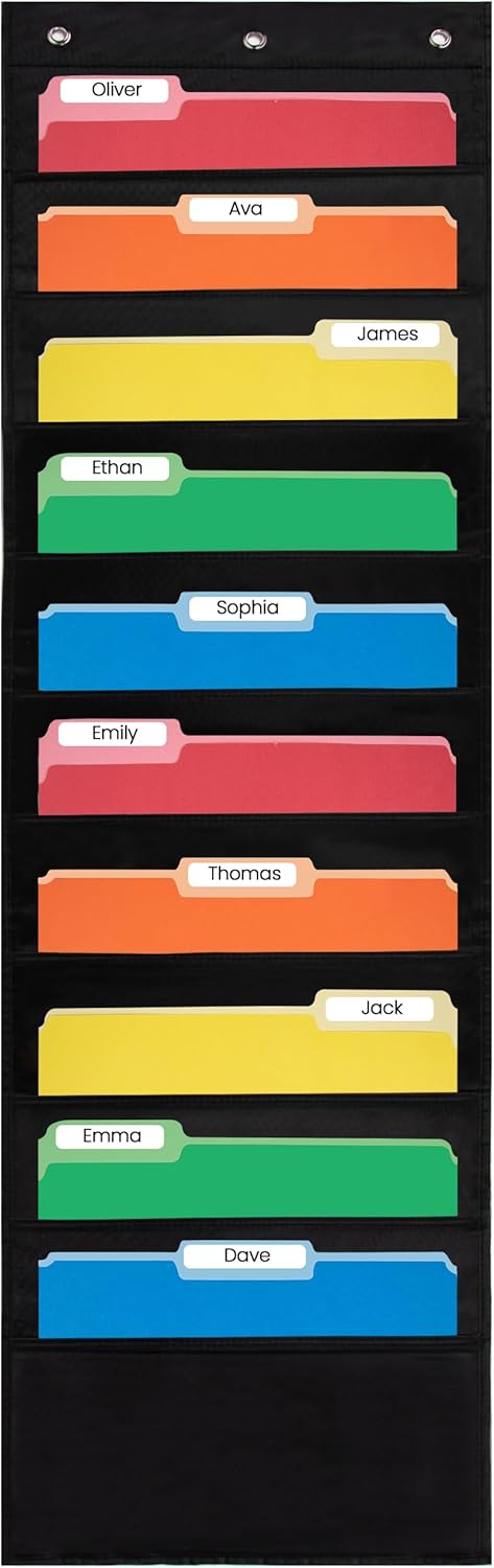 Essex Wares - 10 Pocket File Pocket Chart, Black, 14" Wide x 47" Tall - Versatile Wall Hanging File Folder Organizer for Classroom, Office, Home, and More - Wall Folder Organizer - 10 Pockets