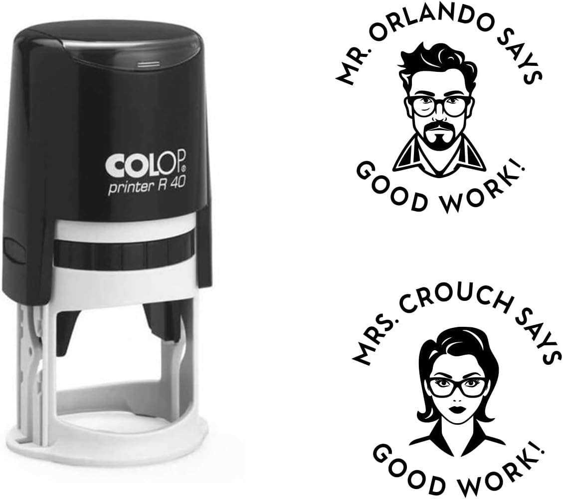 Custom Teacher Face Stamp with Personalized Text - 1-5/8" Diameter, Self-Inking, Classroom Grading, Feedback, Motivational Stamp