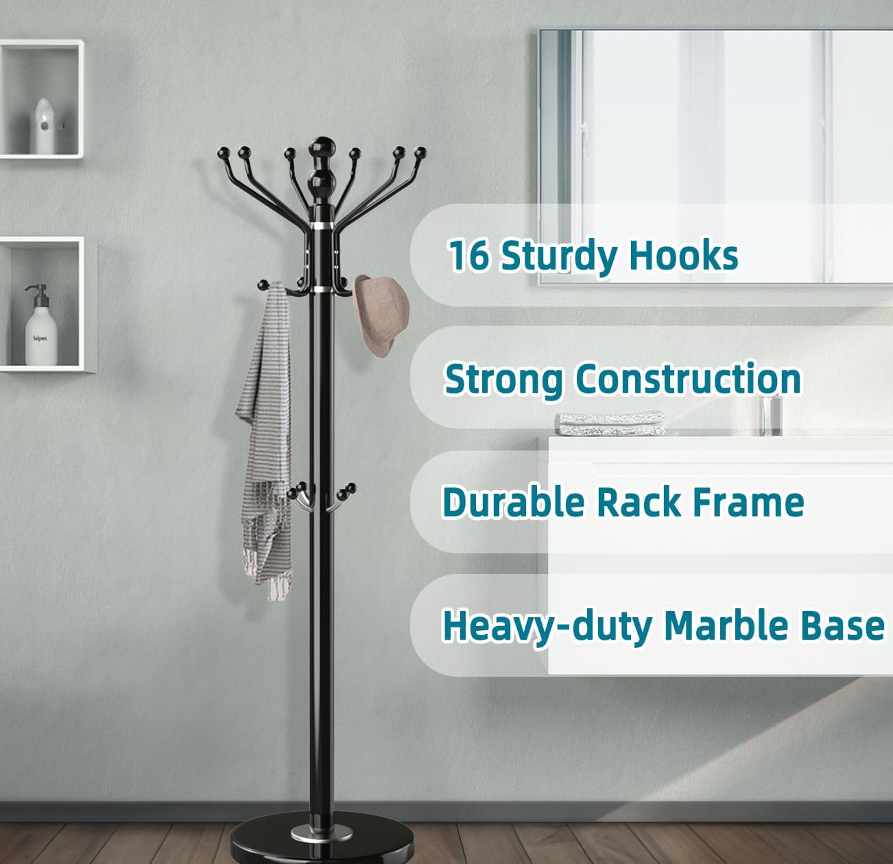 Modern Coat Rack with Natural Marble Base, Metal Freestanding Coat Racks with 16 Hooks, Sturdy Coat Rack Stand for Hanging Scarf, Bag, Jacket, Standing Coat Hall Tree Hanger Holder Stand