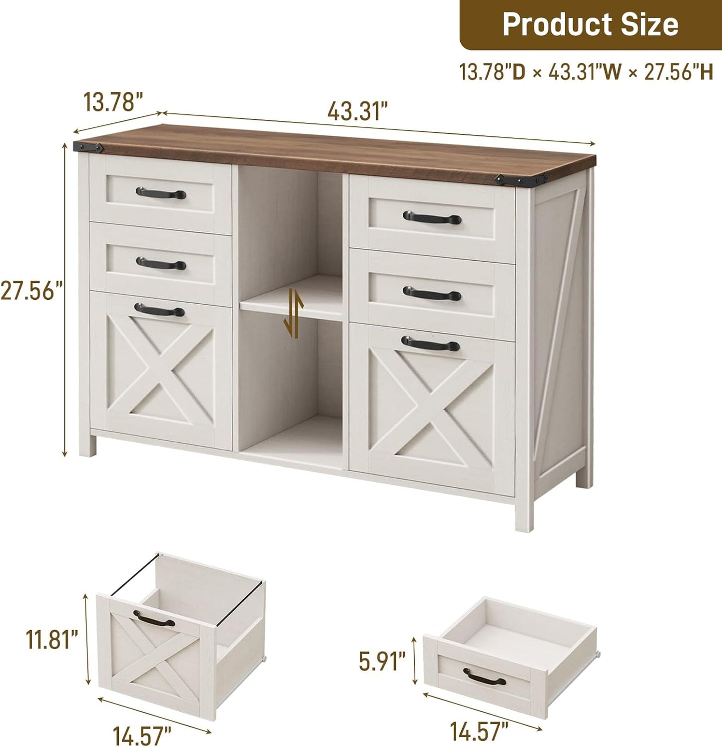 Lateral File Cabinet with 6 Drawers, Farmhouse Filing Cabinet for Letter/A4 Size, Wood File Storage Cabinets Printer Stand with Open Storage Adjustable Shelf for Home Office Cabinets, Rustic White