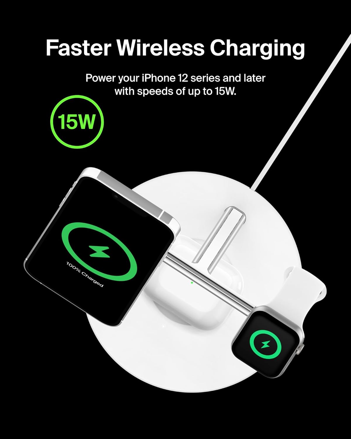 Belkin MagSafe Charger, 3-in-1 Wireless Charging Stand, 2ND GEN, 33% Faster for Apple Watch, iPhone 16, iPhone 15, iPhone 14 Series, AirPods - MagSafe Charging Station for Multiple Devices - White