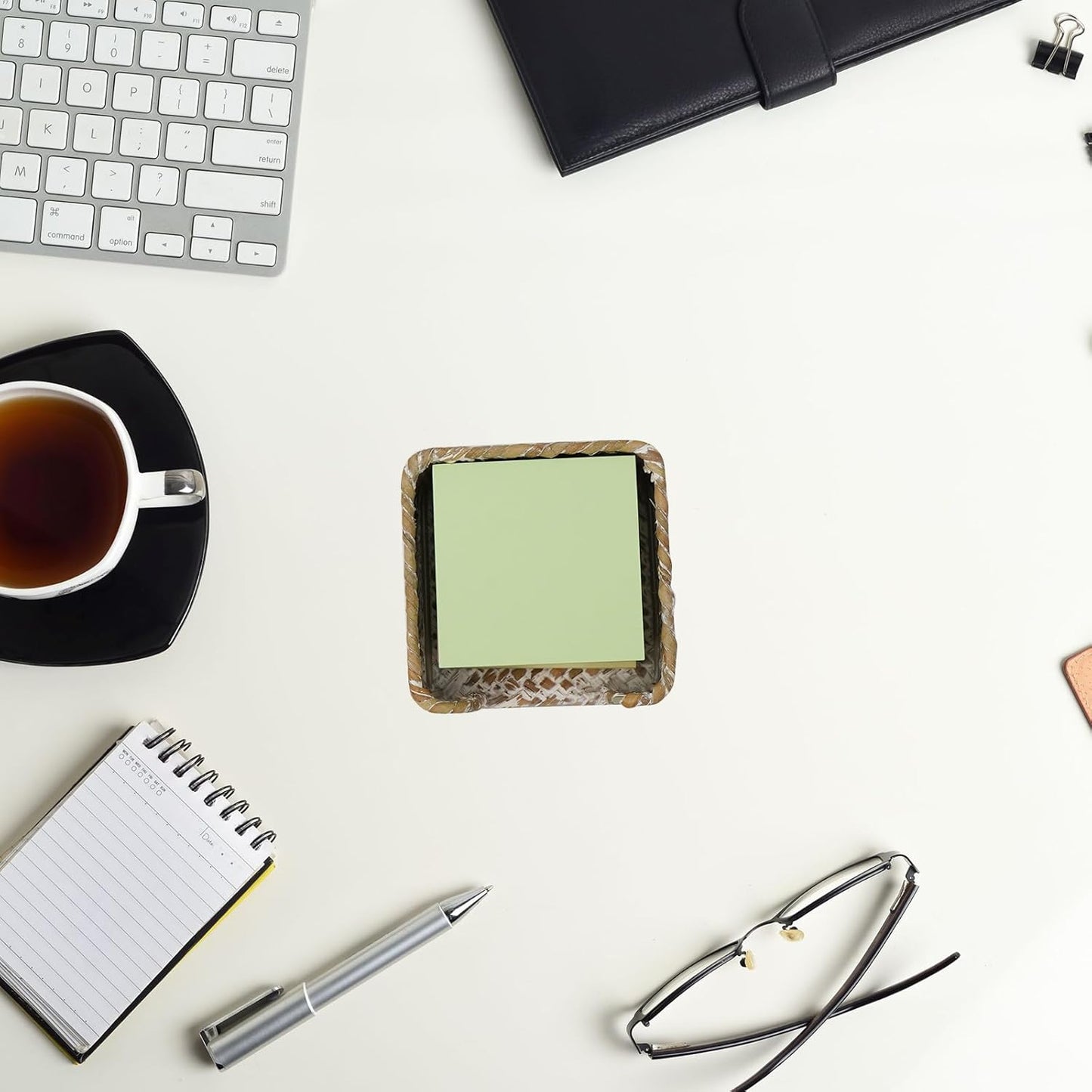 Sticky Note Holder Seagrass Post It Note Dispenser, 3 x 3 Inch Woven Sticky Note Dispenser, Farmhouse Post It Holder for Desk Home Office Decor, Whitewash