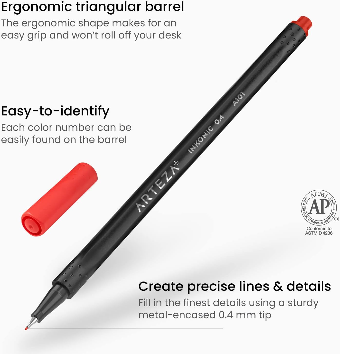 ARTEZA Inkonic Fineliners Pens, Set of 24, 0.4 mm Fine Tip Markers, Water-Based Art Pens for Drawing, Sketching, Journaling, Calligraphy