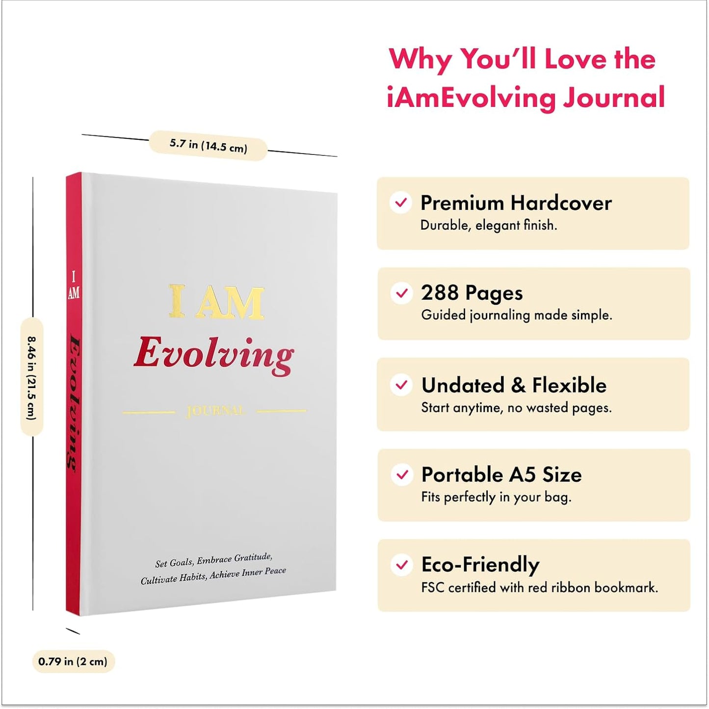 iAmEvolving Journal: Set Goals, Embrace Gratitude, Cultivate Habits, Achieve Inner Peace | Undated Gratitude Journal for Personal Development, Mindfulness, & Daily Reflection. (White)