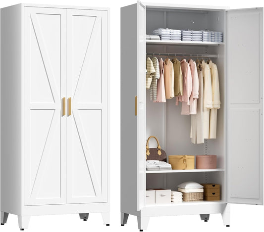 71" Tall Metal Wardrobe Closet with Adjustable Shelves and Hanging Rod, 2 Doors Free Standing Armoire Wardrobe Cabinet for Bedroom, Office, Laundry Room, White