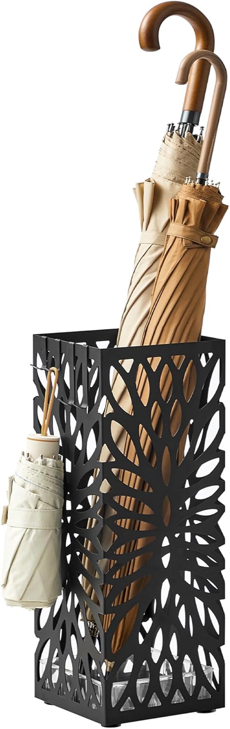 SONGMICS Umbrella Stand, Umbrella Holder for Entryway, Steel Square Umbrella Rack Organizer Freestanding, for Canes Walking Sticks, with a Detachable Drip Tray, 4 Hooks, Black ULUC026B33