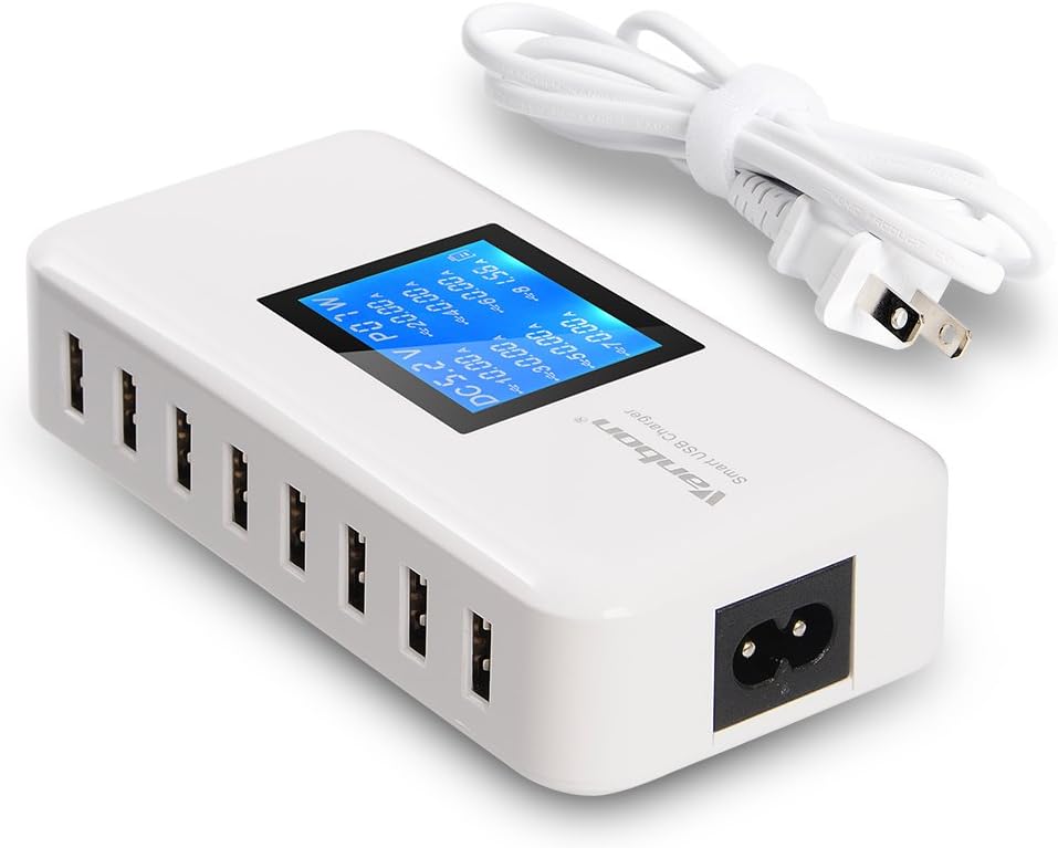 60W/12A 8-Port Desktop Charging Station Multiple USB, Multi Port Travel Fast Wall Charger Hub with LCD for Smart Phones, Tablet and More (White)