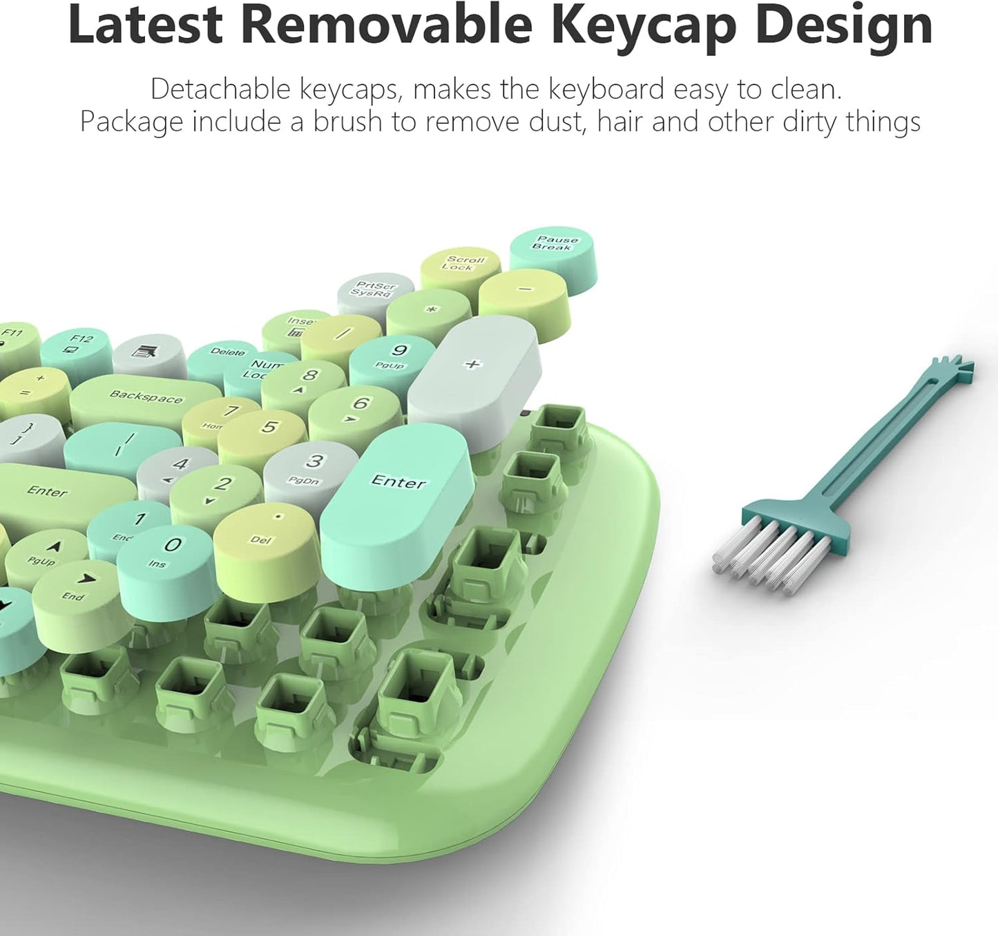 Wireless Keyboard and Mouse Combo, MOWUX - Modern Compact Layout, Colorful Compact Candy Mouse and Retro Round Keyboard Set with Cover, for PC/Laptop/Windows/Mac - Green Colorful