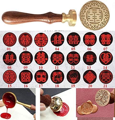 21 Styles Decorative Chinese Character Double Happiness Square Symble Wax Seal Sealing Stamp Curlicue Wedding Invitation Christmas Gift Cards Embellishment Cutomize Seal Stamp Rosewood Handle Set