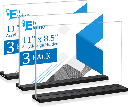 EHWINE 3 Pack Acrylic Sign Holder 8.5 x 11 Horizontal, Double-Sided Stand up Table Top Sign Holders, Clear Acrylic Picture Frame Menu Flyer Paper Holder Display Stand for Office Business Store Wedding Party(Black Base)
