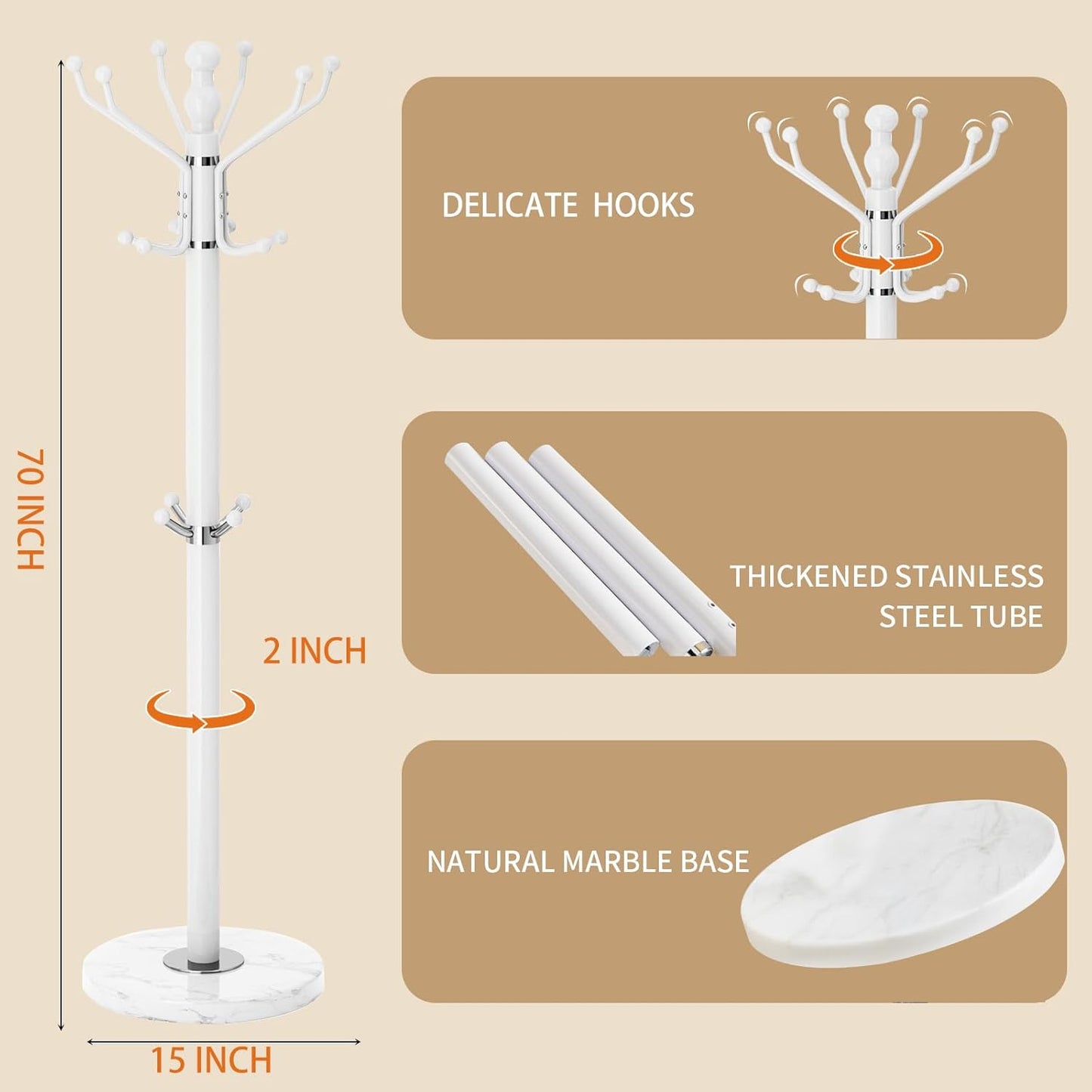 Modern Coat Rack with Natural Marble Base, Metal Freestanding Coat Racks with 16 Hooks, Heavy Duty Coat Rack Stand, Standing Coat Hall Tree Hanger Holder Stand for Entryway,Office