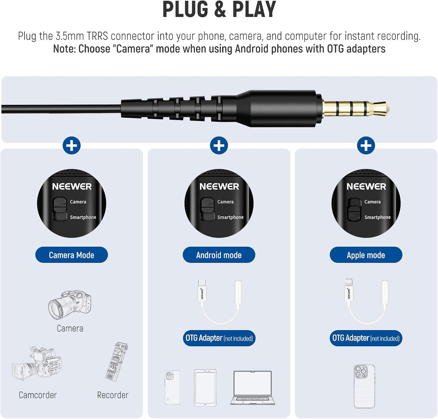 NEEWER 3.5mm TRRS Lavalier Lapel Microphone Plug & Play Mini Clip on Mic Omnidirectional Condenser for Camera Phone PC, Low Frequency Cut, Gain Control, Monitoring Headphone Jack, CM10