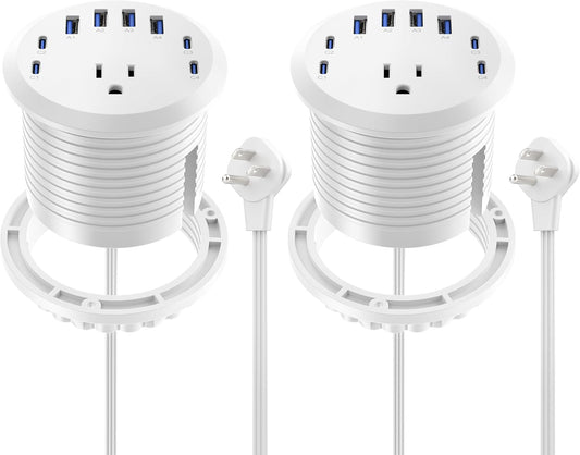 Jgstkcity 65W USB-C Hidden Desktop Power Grommet: 1 AC Outlet,8 USB Charging Ports,3'' Hole Flush Mount Pop-Up Power for Conference Tables & Nightstands (Whtie, 6 FT - 2PCS)
